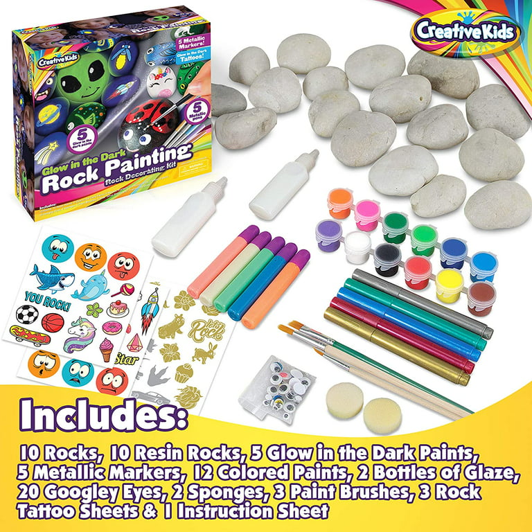Rock Painting Outdoor Activity Kit for Kids – DIY Art Set w/ 10 Hide and  Seek Stones, 12 Acrylic Paint Tubes & 2 Brushes – Fun Googly Eyes, Easy