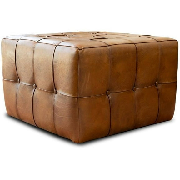 Pemberly Row Mid-Century 27.5-inch Square Genuine Leather Ottoman in Tan