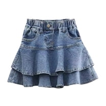 GYRATEDREAM Toddler Baby Girl's Denim Skirts Kids Elastic High Waist A Line Mini Flared Pleated Jean Skorts with Shorts Underneath Blue for 1-9Y