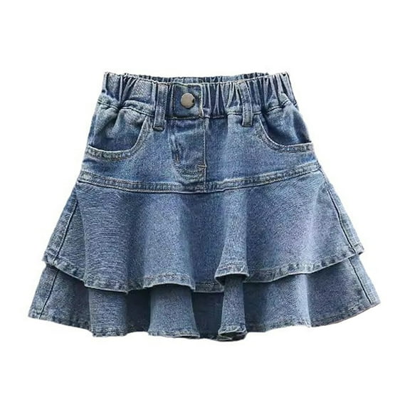 GYRATEDREAM Toddler Baby Girl's Denim Skirts Kids Elastic High Waist A Line Mini Flared Pleated Jean Skorts with Shorts Underneath Blue for 1-9Y