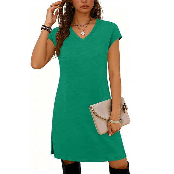 Pounoo Dresses for Women Short Sleeve V Neck Solid Color Casual Dresses for Women Office Commute Daily Wear Gift