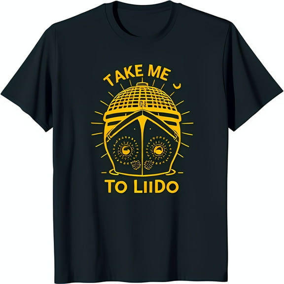 Black T-Shirt with Yellow Cruise Ship Graphic 'TAKE ME TO LIIIDO'