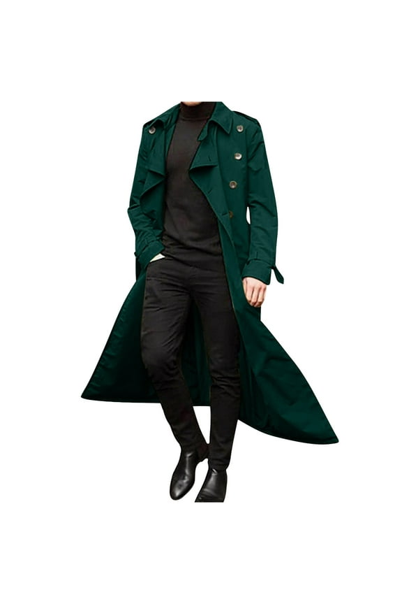 Men's Long Trench Coat Double Breasted Overcoat Lapel Turn Down Collar Outwear with Belt Winter Windproof Warm Wool Blend Coat Mint Green M