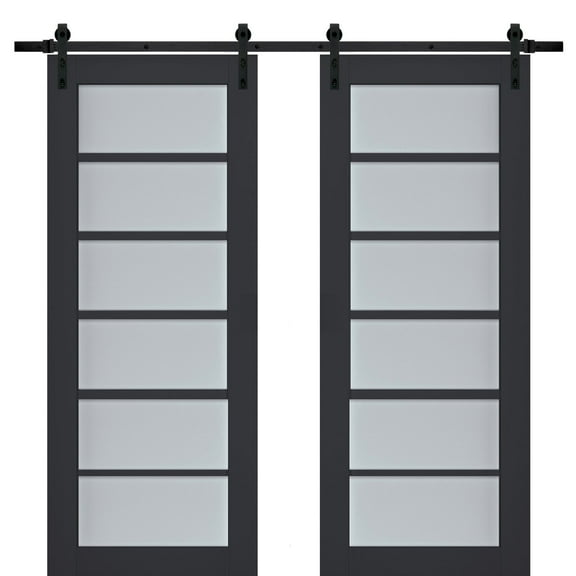 Sturdy Double Barn Door with Frosted Glass | Veregio 7602 Antracite | 13FT Rail Hangers Heavy Set | Solid Panel Interior Doors-36" x 96" (2* 18x96)-Black Rail