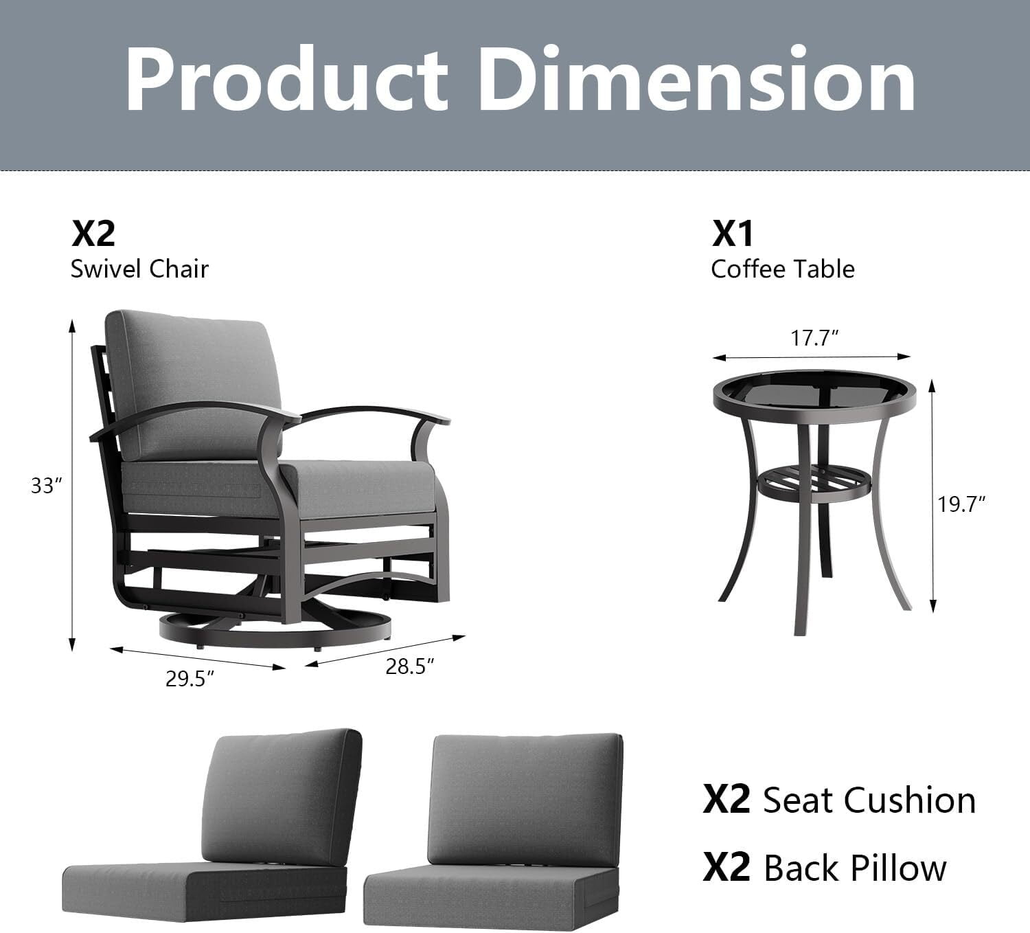 ASJMR 3PCS Outdoor Aluminum Swivel Rocking Chairs, 2-Person Patio Furniture Conversation Set with Coffee Table and Cushions, Grey