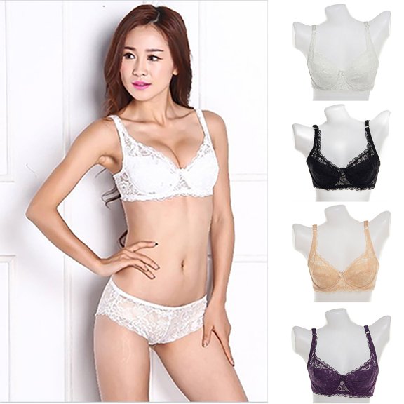 Gymayou Women Underwire Thin Lace Bra Breathable Floral Lace V Neck Bralette Adjustable Strap Lightweight Beige L
