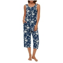 LEKDFST Womens Sleeveless Pajama Sets 2 Piece Sleepwear Summer Lounge Outfits Tanks Capri Pants Ladies Pjs Navy XXL