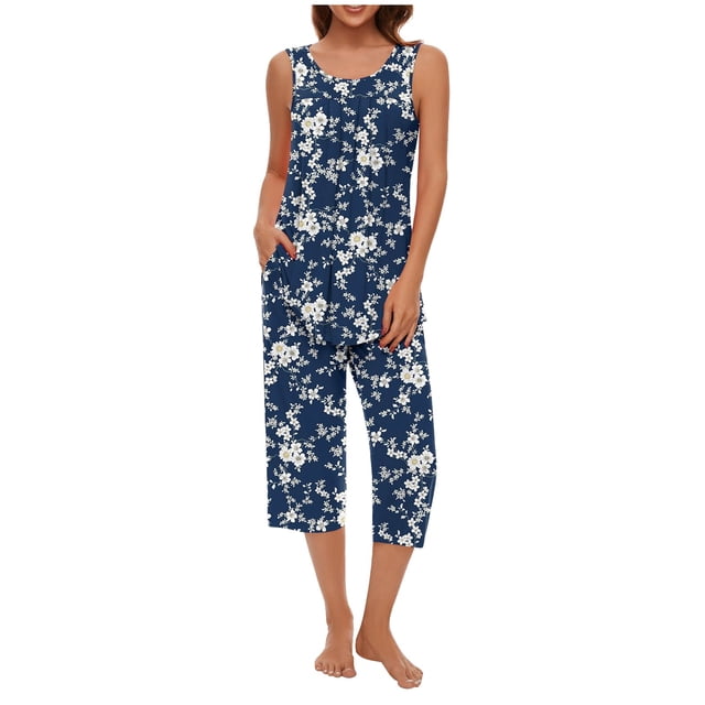 OJinShaWanO Halloween Pajamas Women Women Soft Sleeveless Tank Top and Capri Pants with Pocket Loungewear Sets Pajamas Sets 4298
