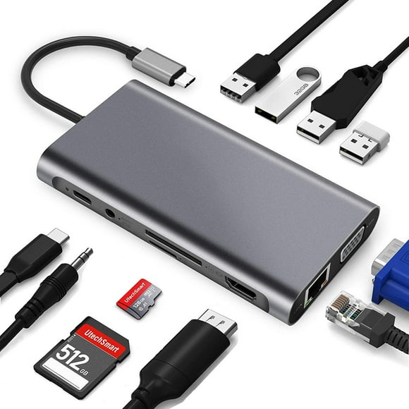Estación de acoplamiento USB tipo C, extensor de puerto de expansión USB-C multifunción 11 en 1, concentrador de alimentación