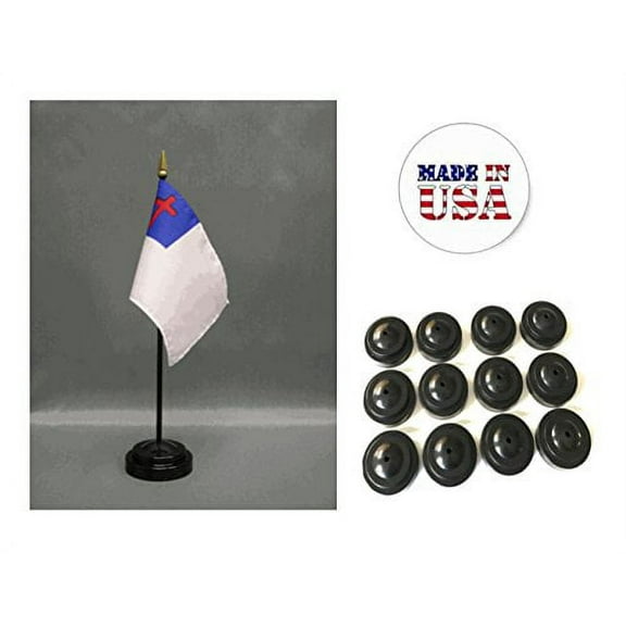 Box of 12 Christian 4"x6" Miniature Desk & Table Flags Includes 12 Flag Stands & 12 Christianity Small Mini Stick Flags