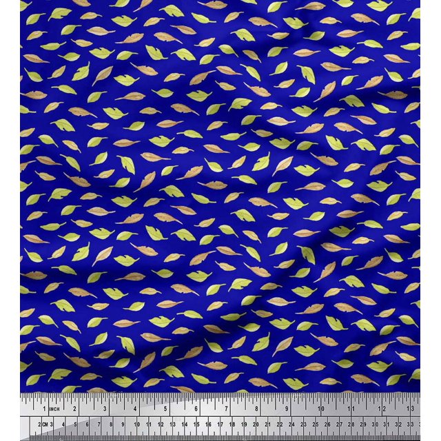 Soimoi Tissu Crêpe Polyester Bleu Imprimé Feuilles au Mètre 42 Pouces de Large