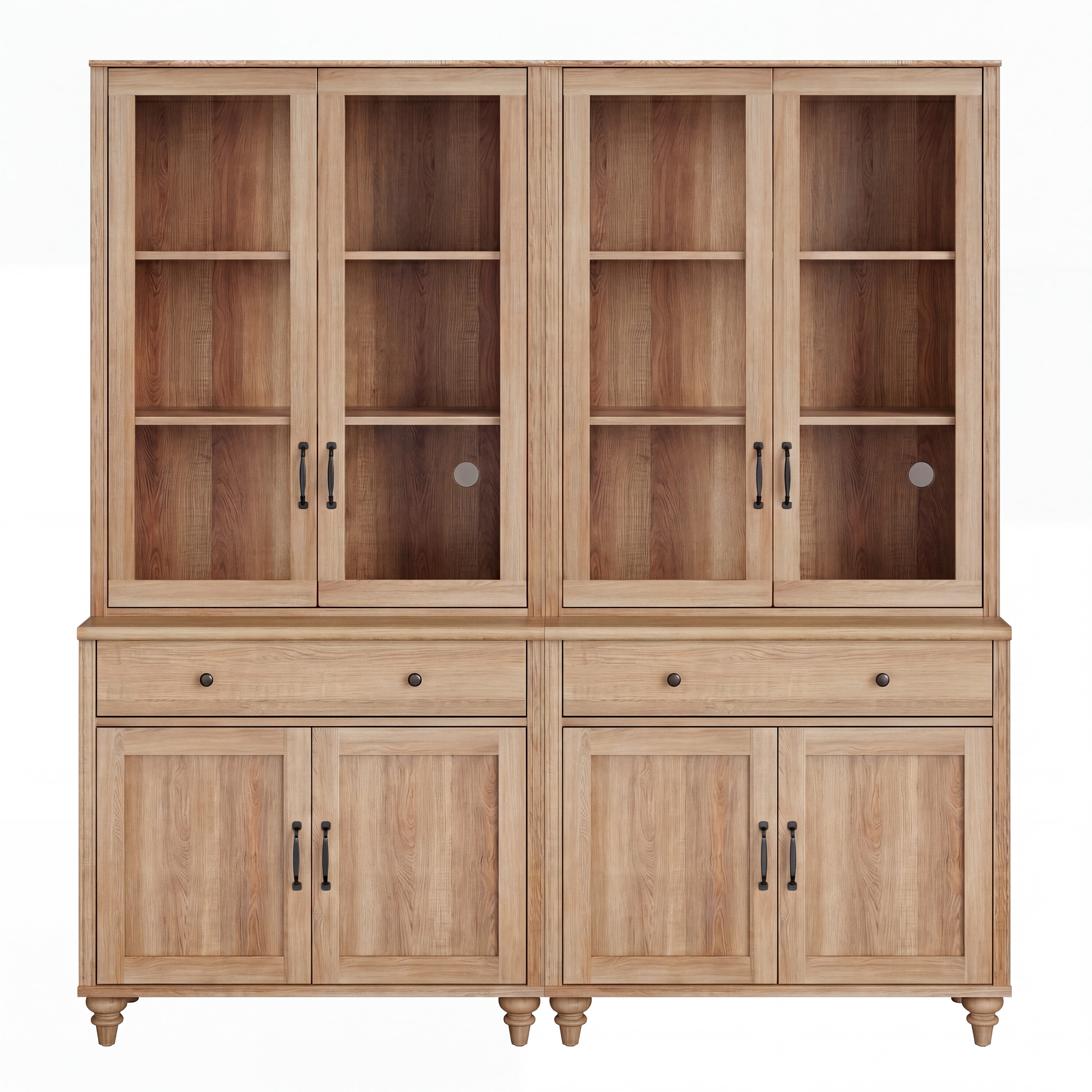 Sideboard Buffet Cabinet with Storage, 5-Tier Bookcase with Glass Doors, Farmhouse Bookshelf with Ample Storage Cabinet, Large Bookshelves for Living Room, Office, Kitchen, Oak, 72" H