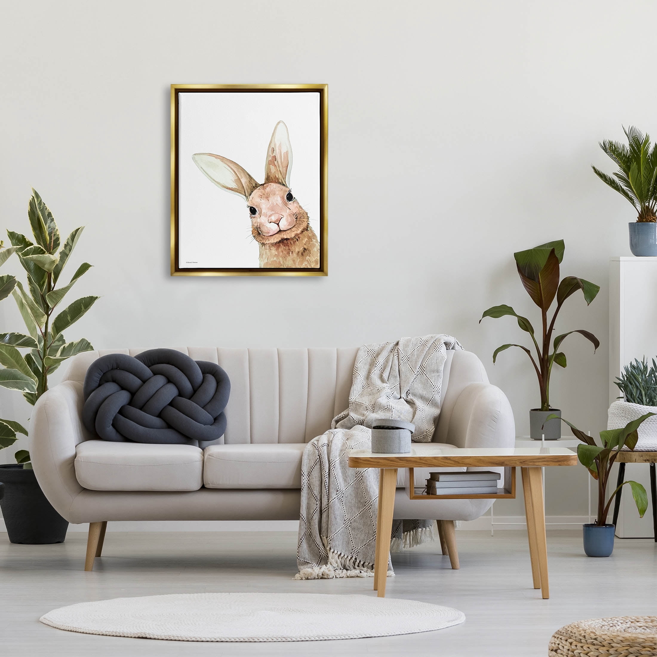 Stupell Industries Smiling Bunny Wildlife Graphic Art Metallic Gold Floating Framed Canvas Print Wall Art, Design by Rachel Nieman