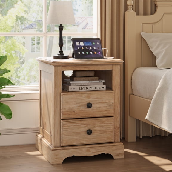 KeyWhat Nightstand with Charging Station, Rustic Wooden Bedside Table with 2 Drawers & Open Storage Shelf, End Table for Bedroom, Living Room, Natural Oak