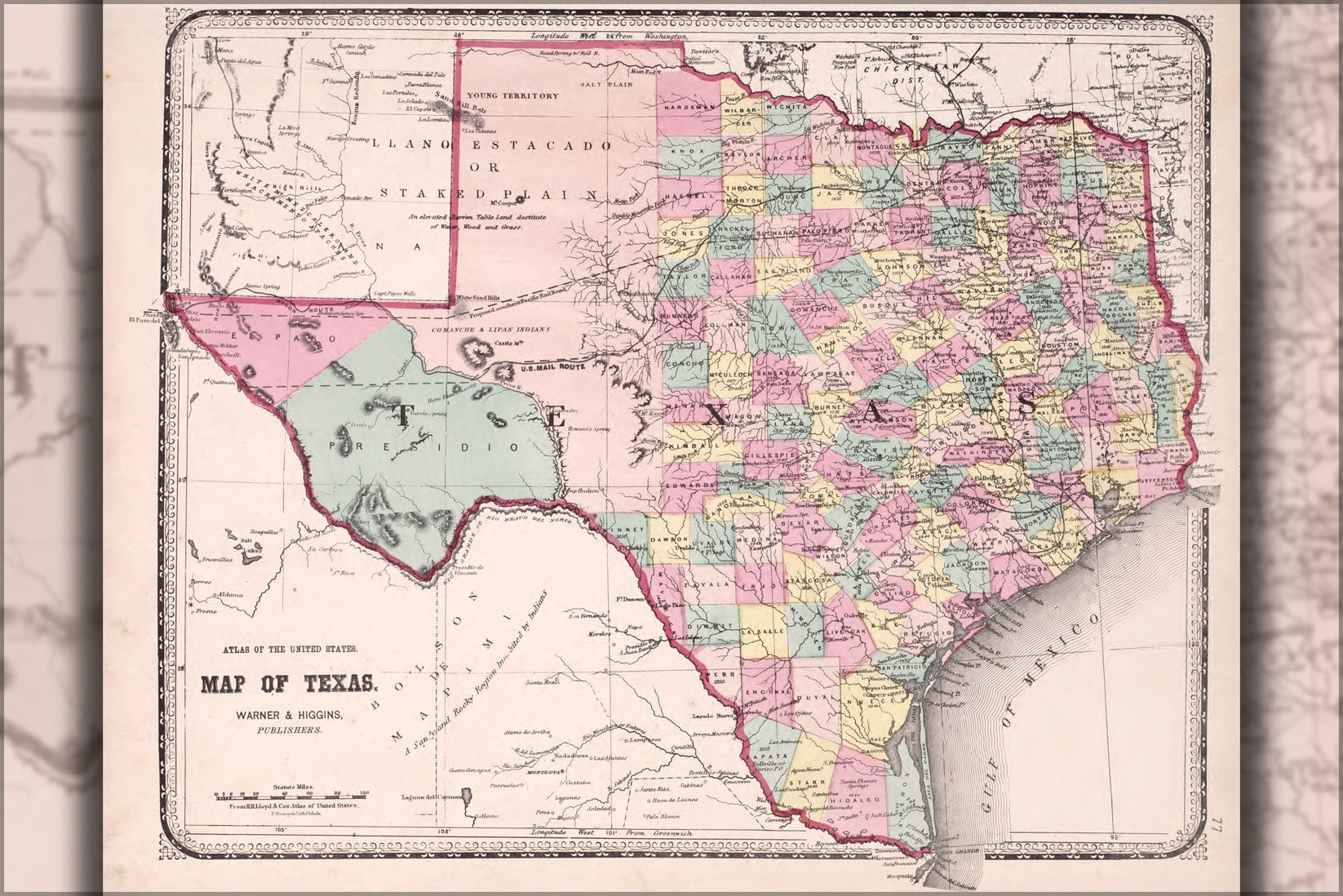 24x36 Gallery Poster Map Of Texas 1870 7742