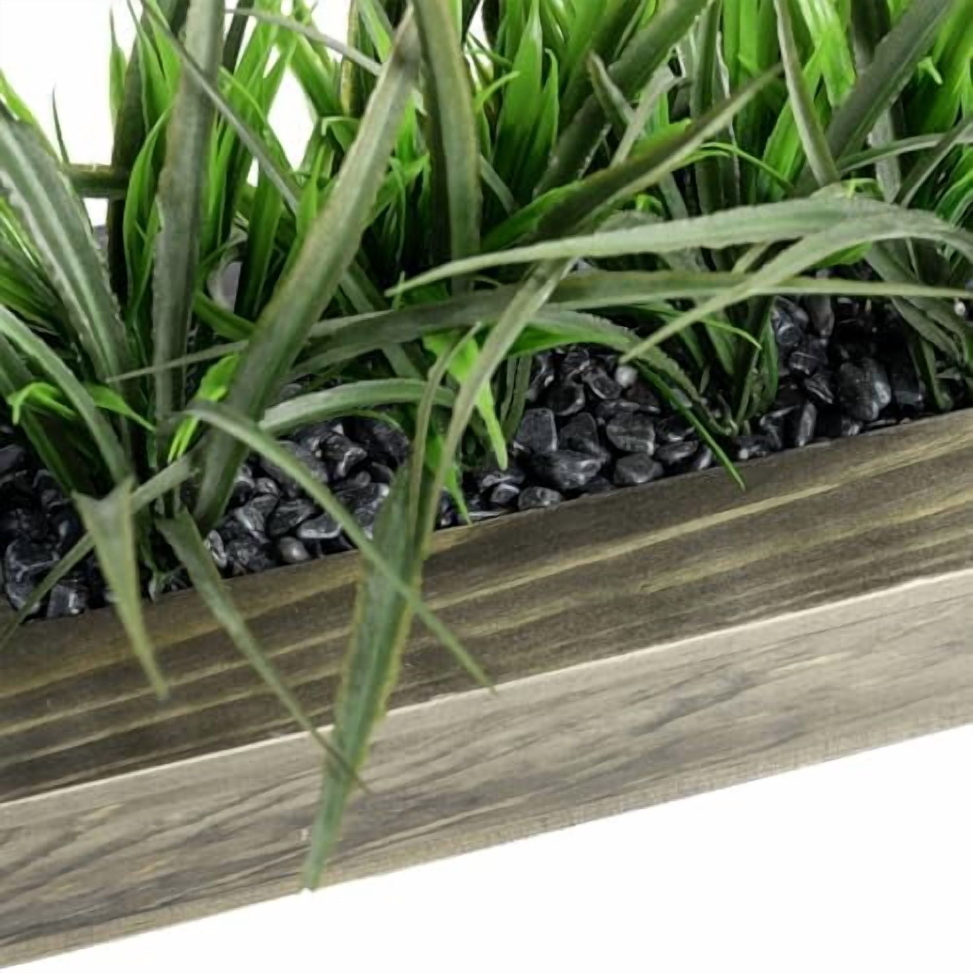 Large Artificial Green Grass Plants Potted in 14 Inch Vintage Weathered Gray Solid Wood Rectangular Planter Box, Decorative Tabletop Faux Greenery Centerpiece Décor