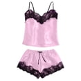 thumbnail image 4 of Wxolcjlv Womens Solid Satin Pajama Set Lace Spaghetti Strap Top Shorts Sleepwear Nightwear, 4 of 5