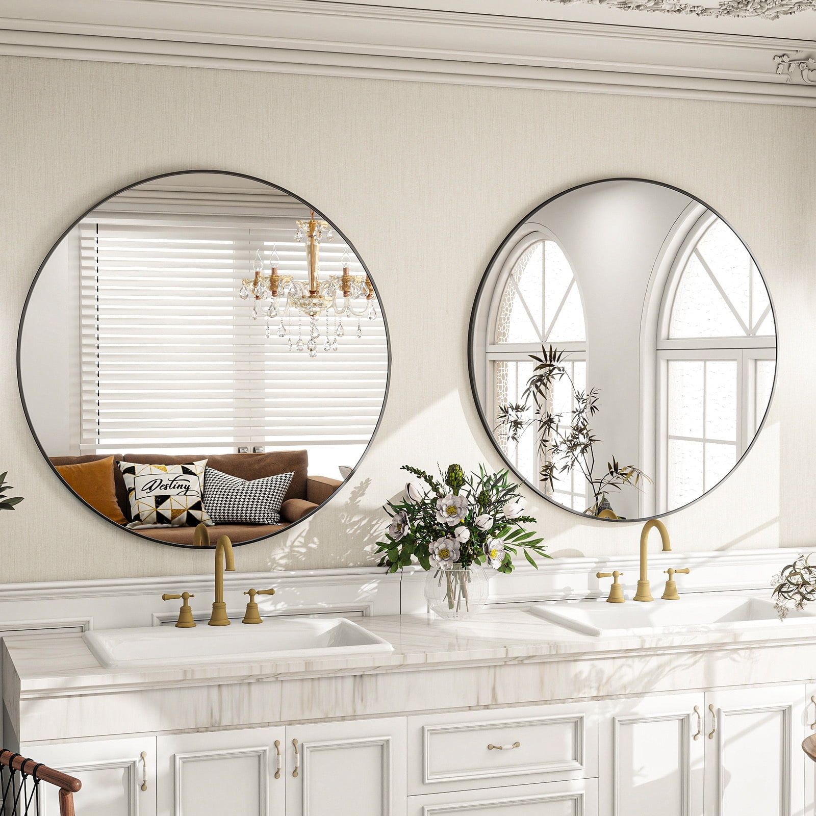 AUROMIR‌ 36" Bathroom Mirror Round Mirror Wall Vanity Mirror with Metal Frame, Black