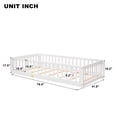 thumbnail image 3 of Twin Size Floor Platform Bed for Kids, Montessori Bed Frame with Fence-Shaped Guardrails and Door Solid Wood Platform Bed Frame with 7 Slats Support for Bedroom Playroom No Box Spring Needed, White, 3 of 7