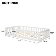 Twin Size Floor Bed Frame, Wood Montessori Bed Frame with Fence and Door, No Box Spring Needed, White