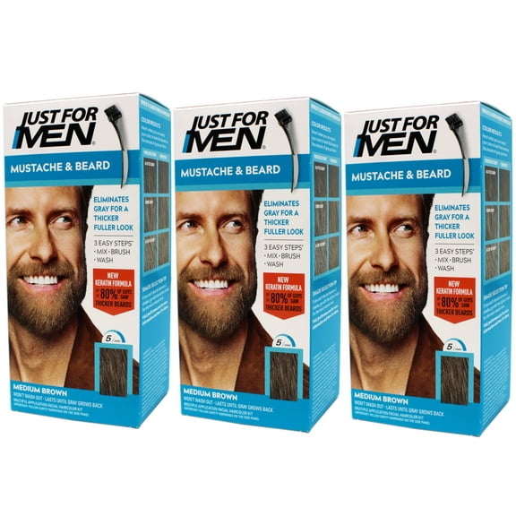 3 Pack - Just For Men Mustache & Beard, Beard Coloring for Gray Hair with Brush, With Keratin (M-35), Medium Brown