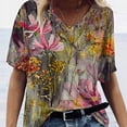 thumbnail image 3 of Camiseta de mujer Blusa de playa con cuello en V y manga corta con estampado floral, Caqui, S Vogacara AP002484-01, 3 of 4