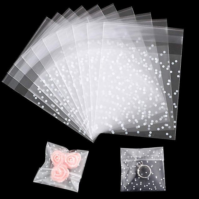 Bolsa de plástico transparente mate de 0,1 mm de grosor con pegatina autoadhesiva con diseño de lunares (200 unidades (7 x 7 + 3 cm))