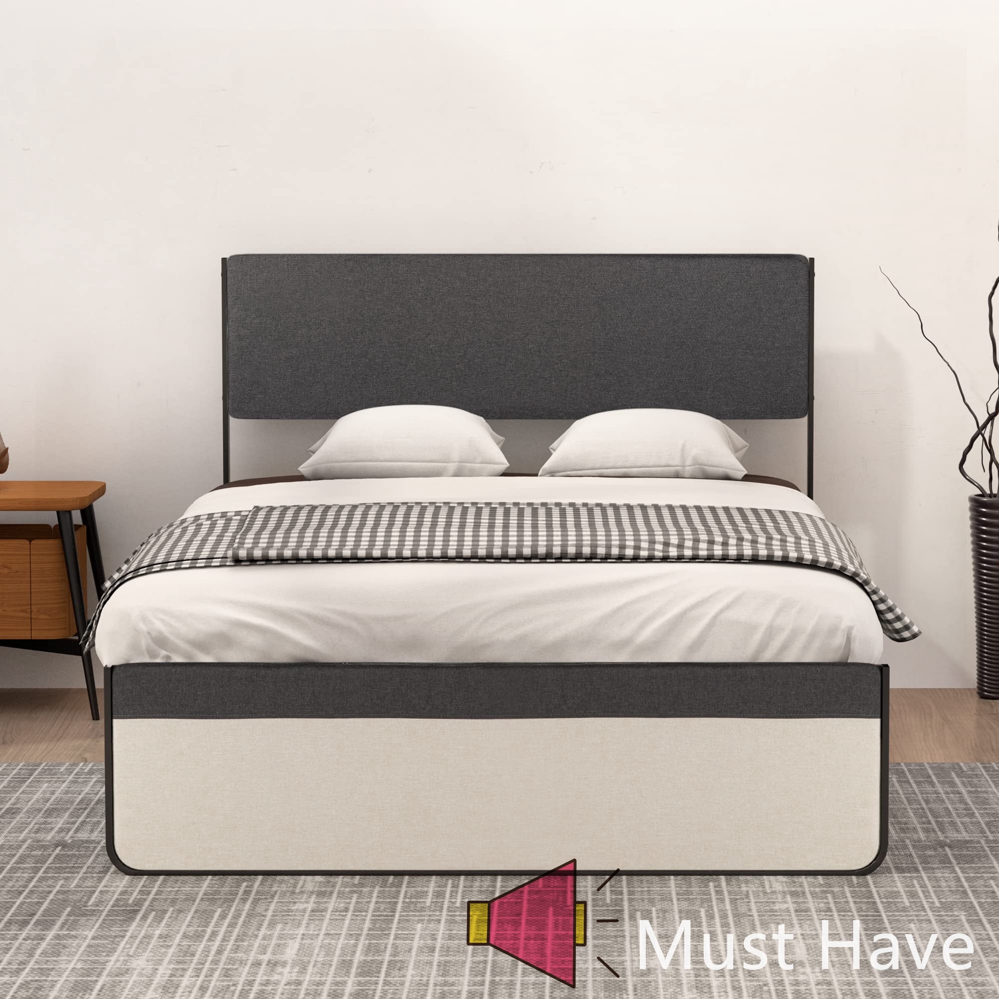 Jojoka Queen Size Upholstered Platform Bed Frame with 2 Storage Drawers, Headboard & Footboard, 14" Mattress Foundation with Steel Slats, Noise-Free Design, No Box Spring Needed