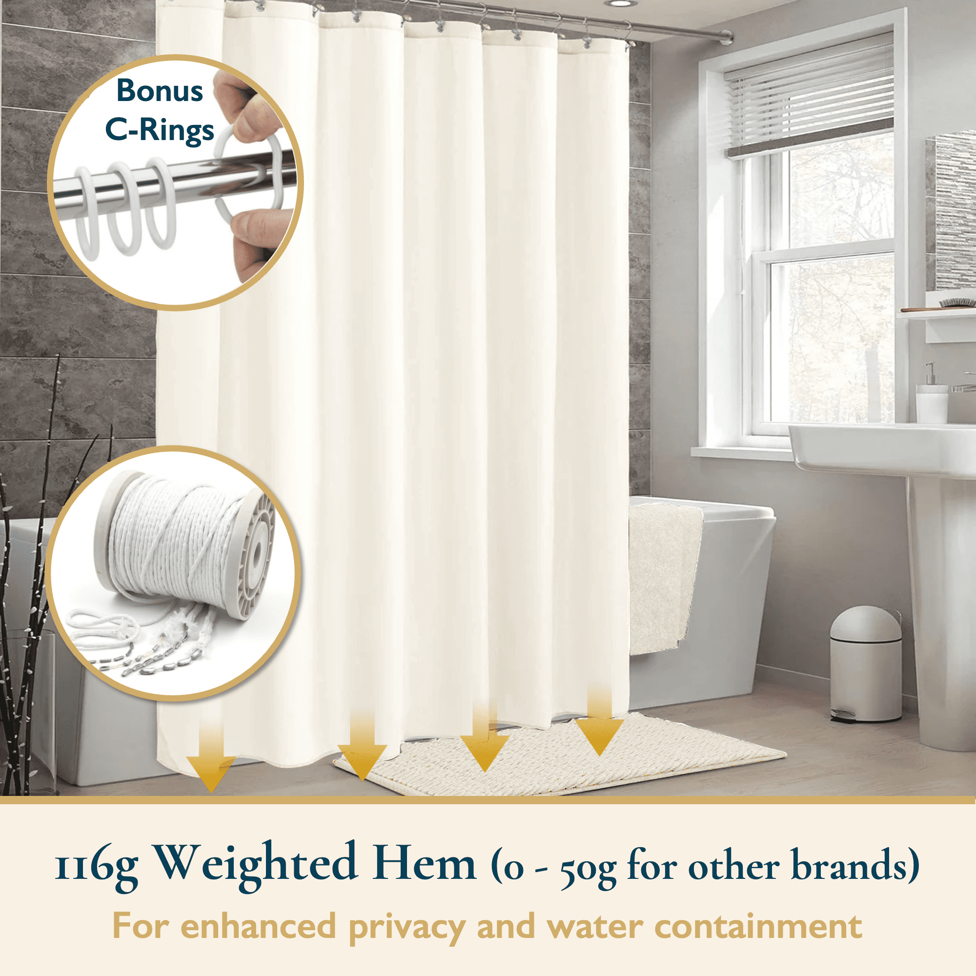 ComfiTime Shower Curtain/Liner with Hooks – 2-in-1 Mold/Mildew-Resistant, Weighted-Hem Fabric Bathroom Curtain, Water-Repellent TPU Coating, Machine-Washable, Fade-Resistant, Cream, 36*72