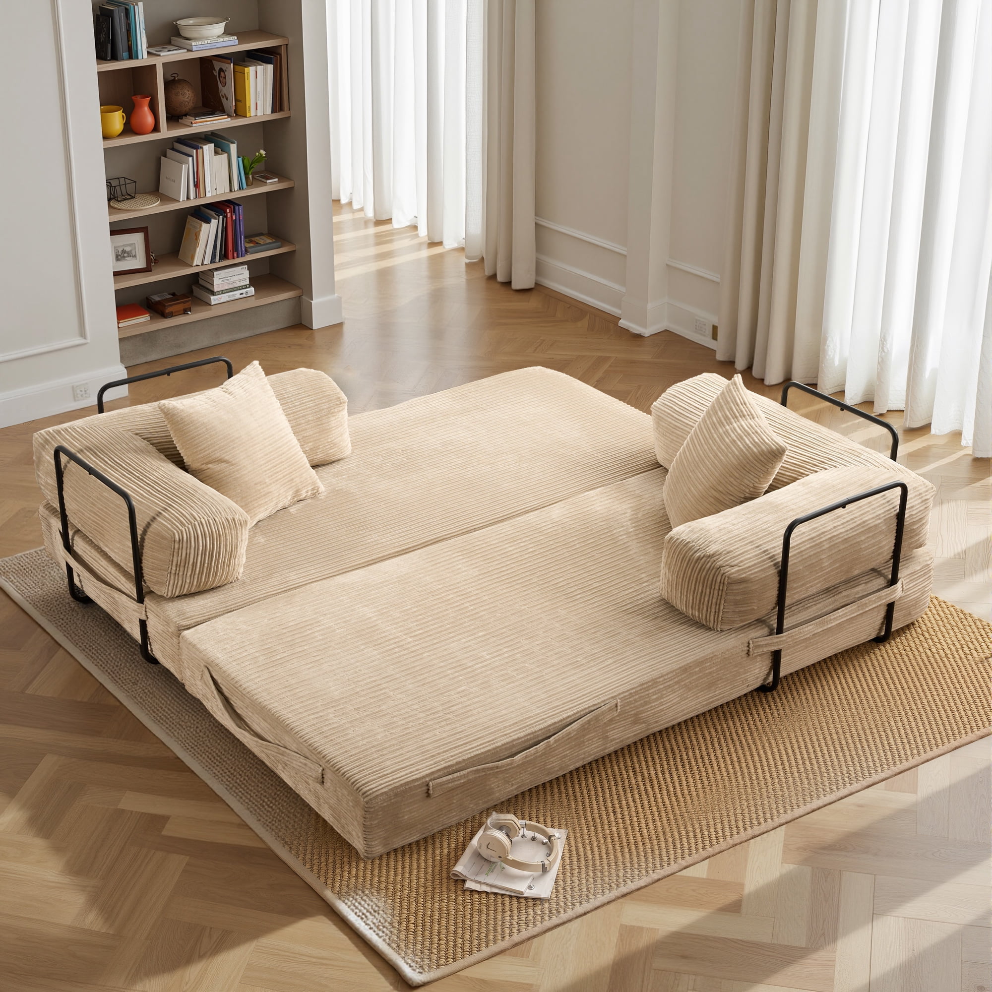Toject 81" Convertible Sleeper Sofa Bed, Cloud Corduroy Floor Couch with Pillow, Comfy Foldable Couch Sofa Bed for Living Room, Bedroom, Beige