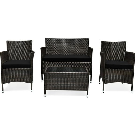 Patiojoy 4PCS Patio Rattan Wicker Furniture Set Sofa Chair Table Set W/ Black Cushions