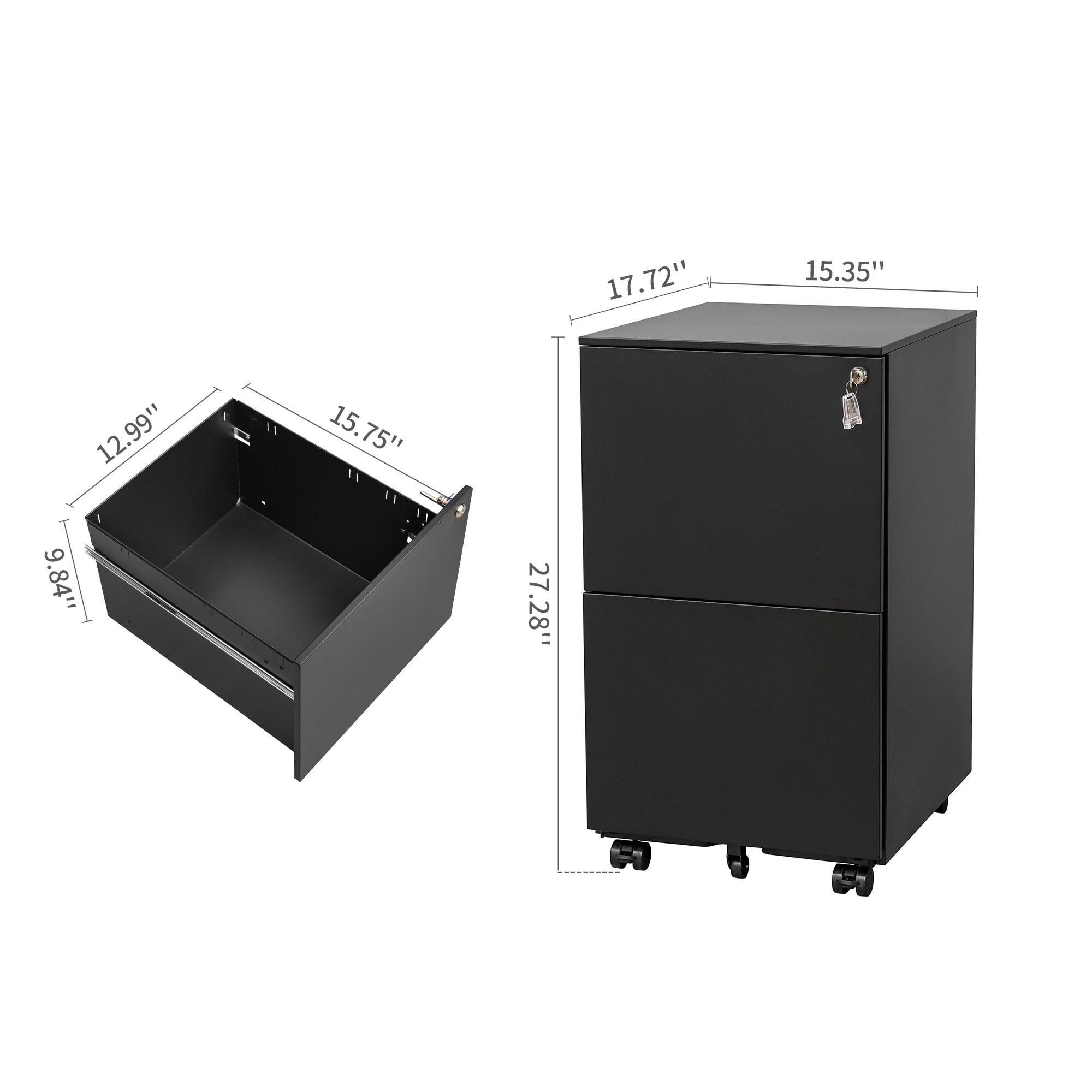 DEALTOPS Modern File Cabinet with 1 Lock and 2 Drawers for Legal/Letter A4 Size, Rolling Steel Storage Cabinet for Home and Office - Black