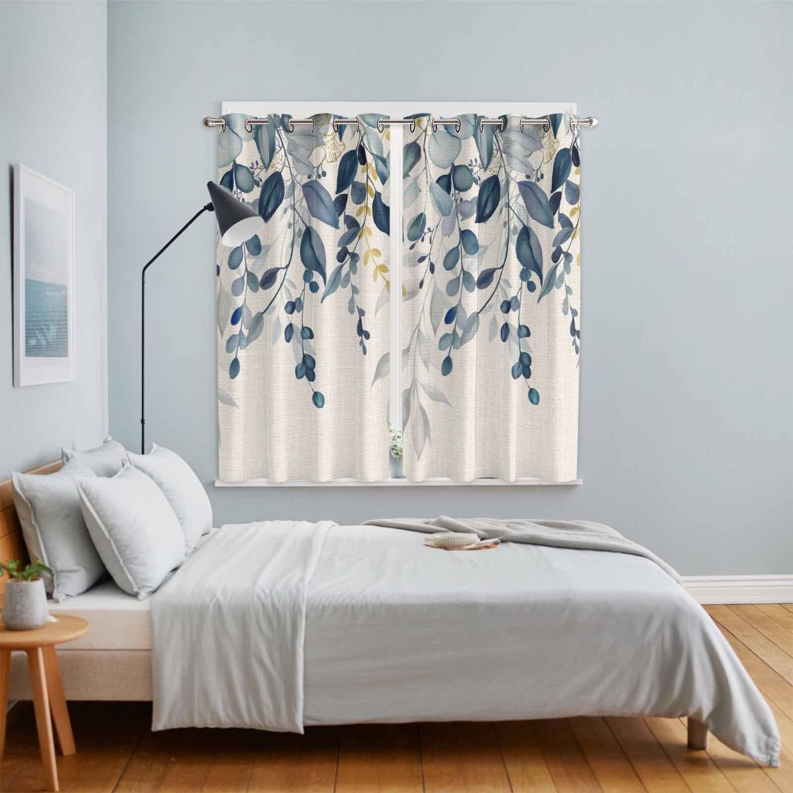Curtains 84 Inches Long 2 Panels, Navy Blue Eucalyptus Grommets Window Treatment Curtain, Farmhouse Weeping Leaves Linen Thermal Curtains Drapes for Living Room/Bathroom