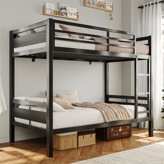 Virans Twin Over Twin Metal Bunk Bed, Heavy-Duty Frame with High Guardrails & Storage, Black