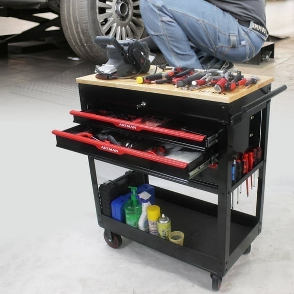 3-Drawer Multifunctional Tool Cart with Wheels and Wooden Top - Versatile Storage Solution for Garage and Workshop