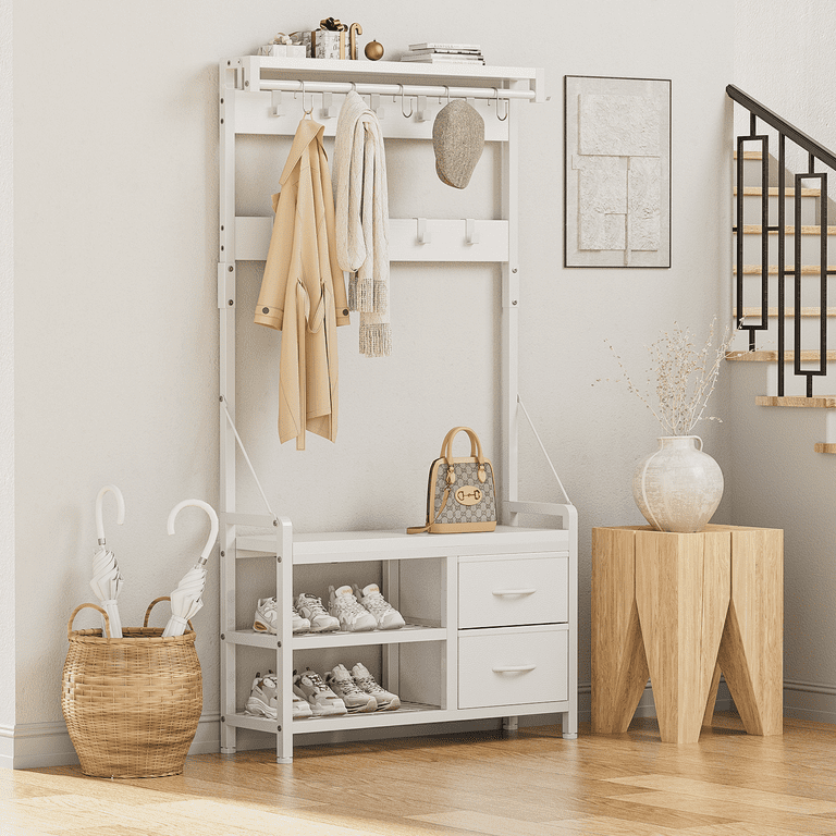 GIKPAL 32 W Hall Tree 4 in 1 Entryway Bench with Coat Rack Industrial Entryway  Furniture with Shoe Bench and Storage+2 Drawers+17 Hooks, White 