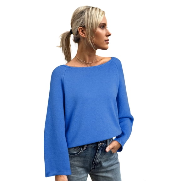 Women's Sky Blue Dolman Sweater – Cozy Bracelet Sleeve Knit for Casual Autumn Days, XL