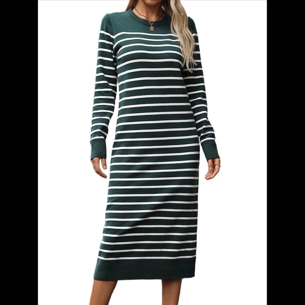 Vestido Tipo Suéter para Mujer, Tejido Holgado, A Rayas, Elegante, para Otoño e Invierno. Verde S
