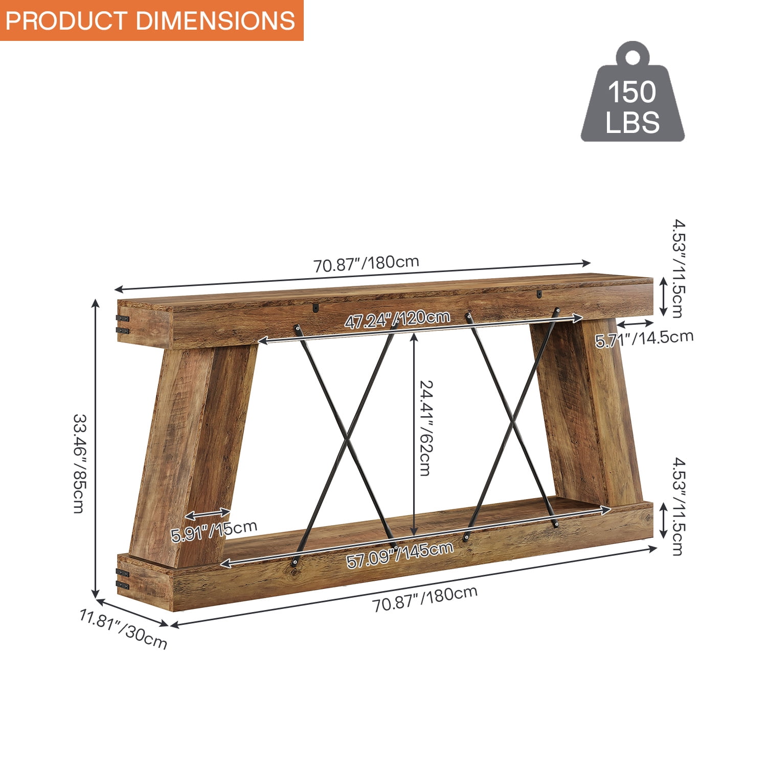 Demi Bonn 70" Rustic Wooden Console Table, Entryway Sofa Table, 2-Tier Hall Display, Sturdy and Stylish for Living Room, Home Decor, Brown