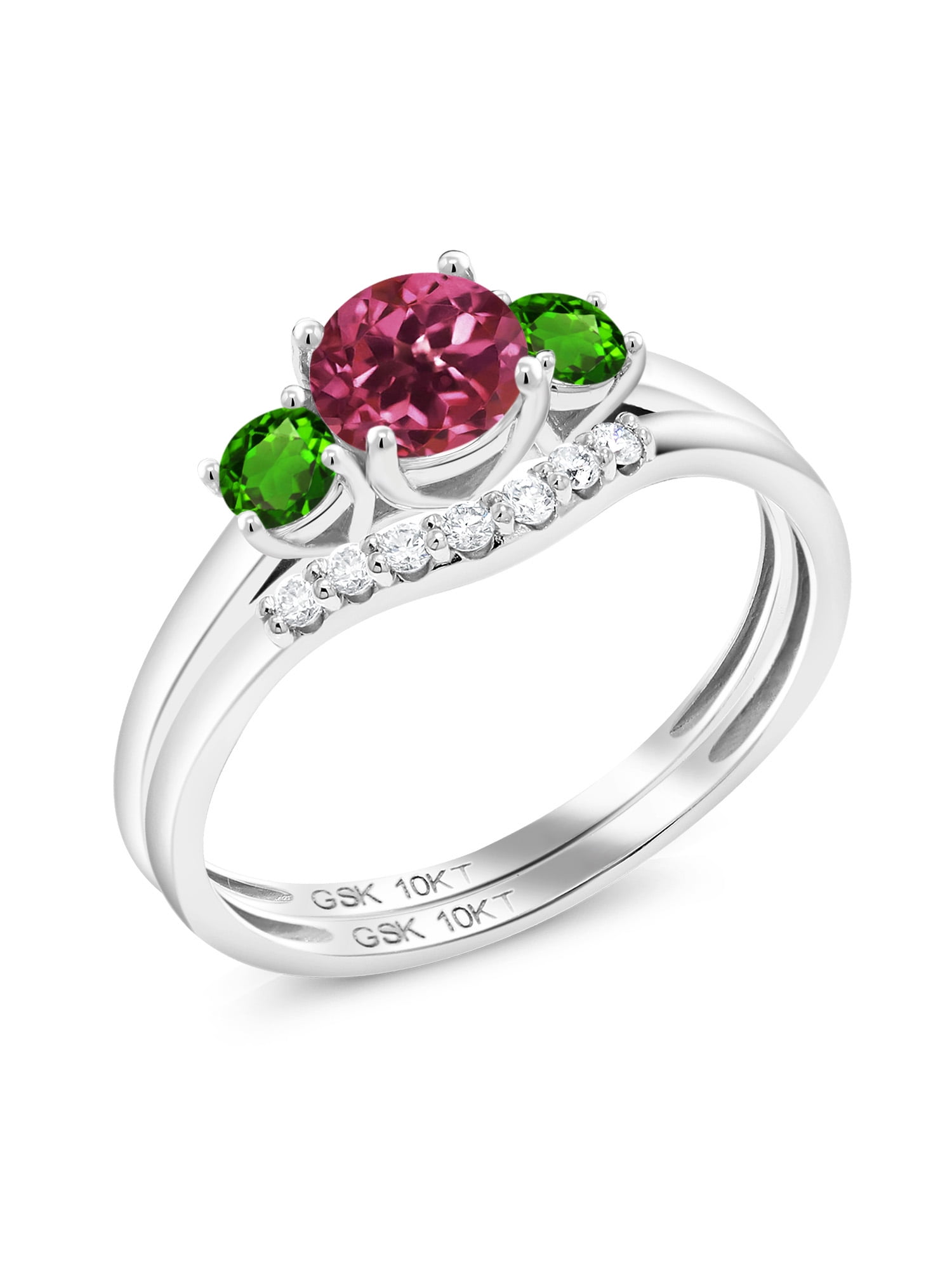 0.85 Ct Round Pink Tourmaline Green Simulated Tsavorite 10K White Gold Lab Grown Diamond Ring by