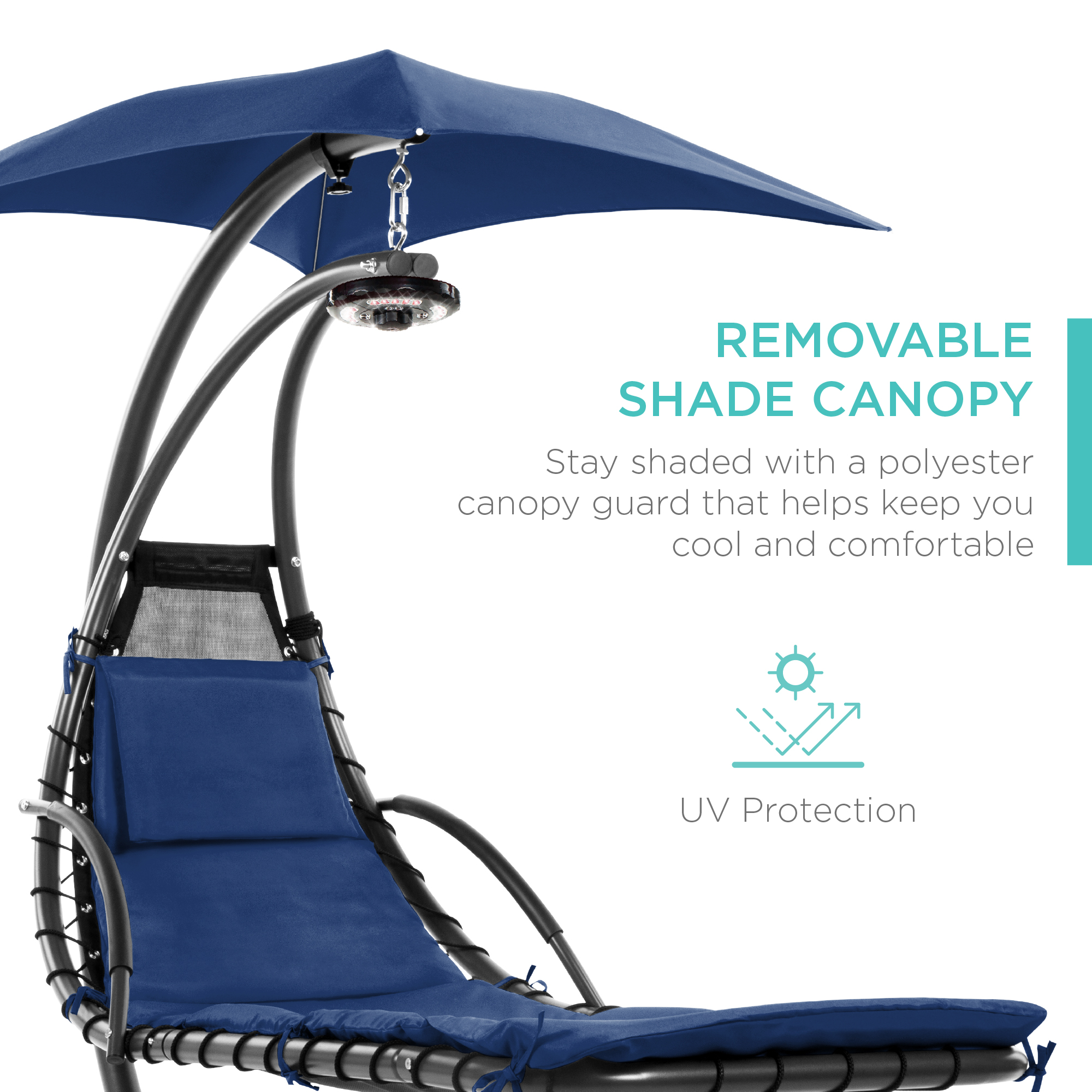 Best Choice Products Hanging LED-Lit Curved Chaise Lounge Chair for Backyard, Patio w/ Pillow, Canopy, Stand - Navy - image 4 of 7
