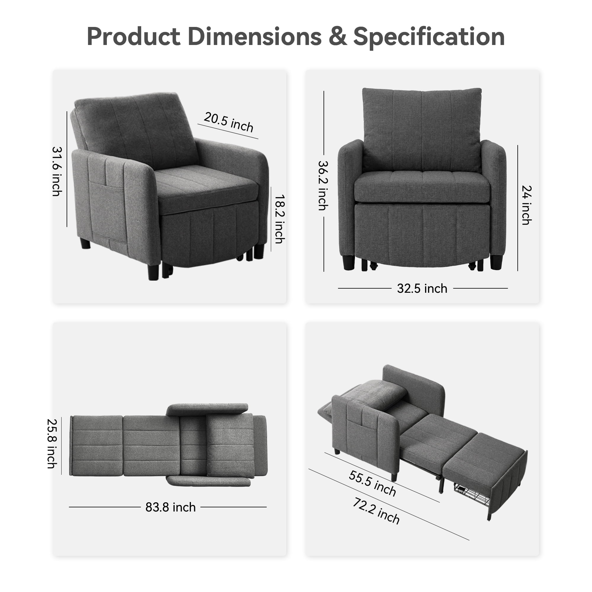 YIKEMA 4-in-1 Convertible Sleeper Chair Bed, 84 Inch Extra Long Pull Out Sofa for Tall Guests, Adjustable Backrest Lounge with Side Storage & Metal Frame, 500 lbs Capacity, Dark Gray