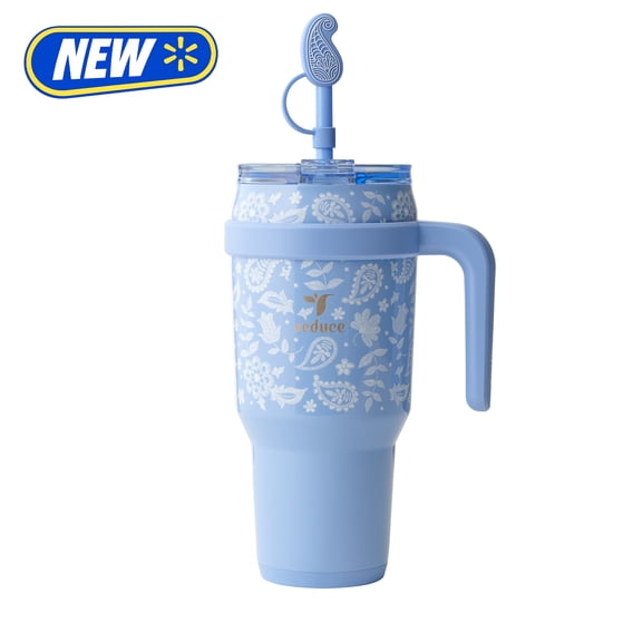 Reduce 40oz Cold1 Travel Mug with Straw and Straw Topper, Lid & Travel Handle, Insulated Stainless Steel, Embroidered Sky Blue
