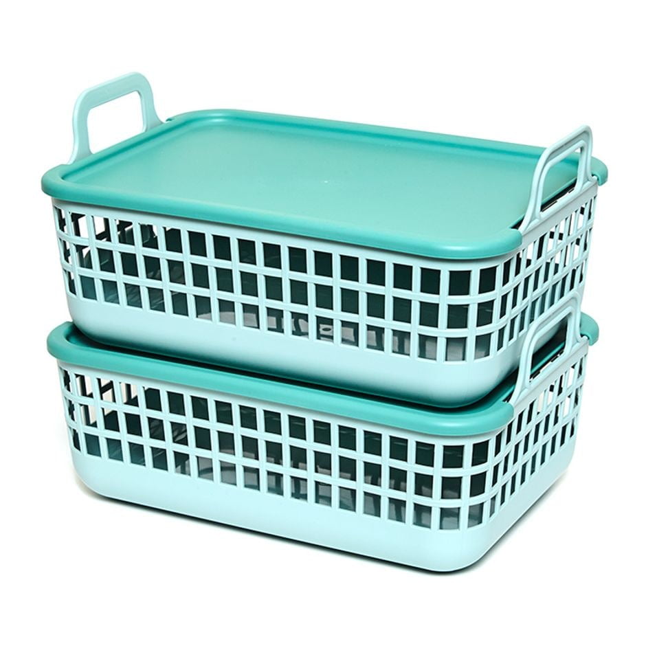 Sets of 2 Stackable Baskets with Lids (Teal)