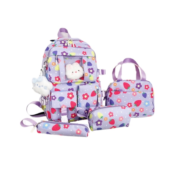 Strawberry Floral Print Backpack for School 4 in 1 Kids Backpack Elementary Lighweight Bookbag with Tote Bag Lunch Box Pencil Case