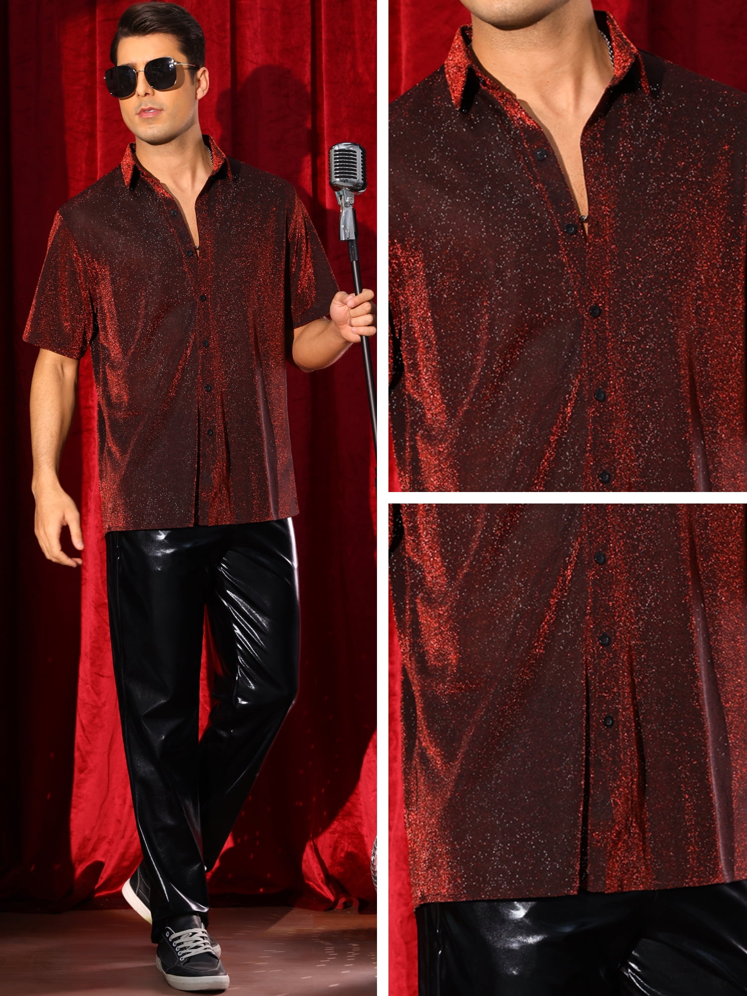 DARING DIVA Men's Sparkle Metallic Shiny Disco Party Short Sleeve Shirts S Red
