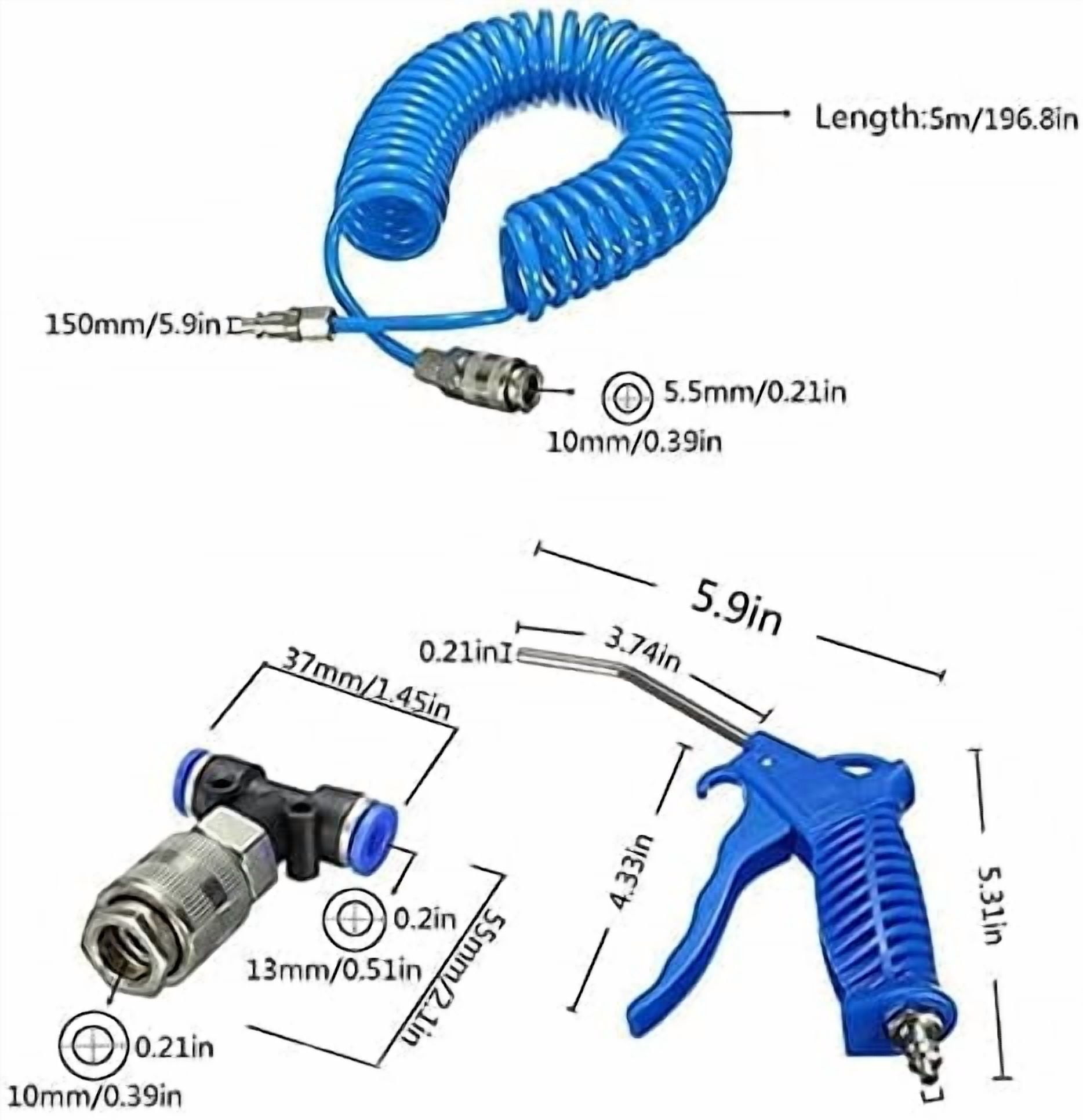 Air Blow Gun Kit Air Duster Cleaning Nozzle Blow Spray Tool Kit with 5 Meter Long Coil PU Air Hose,4×6mm(Blue)