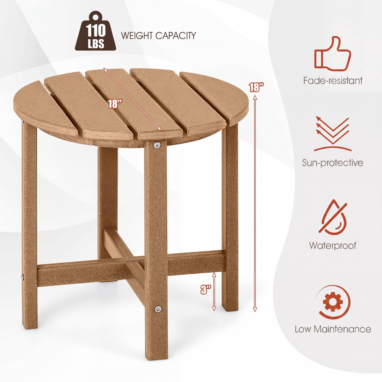 Furnibear 18 Inch Round Weather Resistant Adirondack Outdoor Side Table with Slatted Top for Patio Deck and Garden Seating, Brown