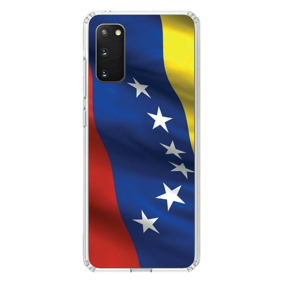 DistinctInk Clear Shockproof Hybrid Case for Galaxy S20 / S20 5G (6.2" Screen) - TPU Bumper, Acrylic Back, Tempered Glass Screen Protector - Venezuela Waving Flag Red Blue Yellow - Venezuela