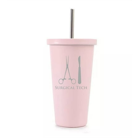 

16 oz Stainless Steel Double Wall Insulated Tumbler Pool Beach Cup Travel Mug With Straw Surgical Tech (Light Pink)